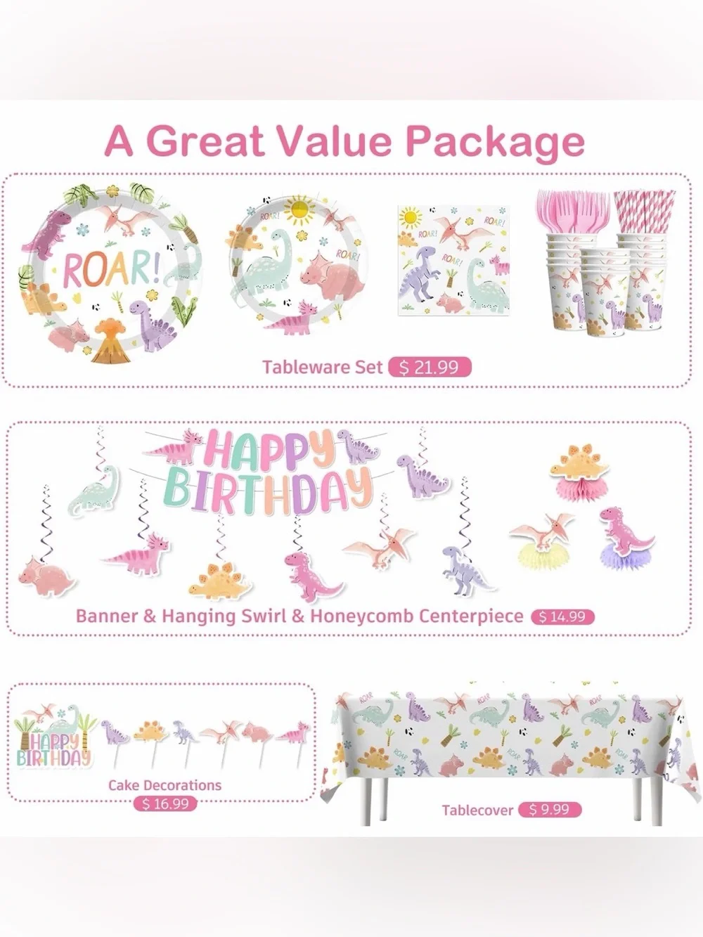 Pastel Dino Birthday Party Kit - Pink, Purple, Mint